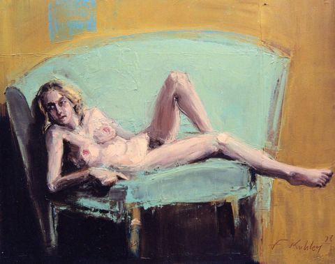 jeune femme au canape vert - Peinture - Francis Kuhlen