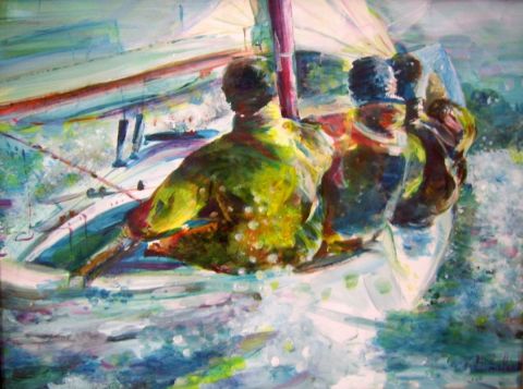 trois hommes en mer - Peinture - Maryse SKALECKI