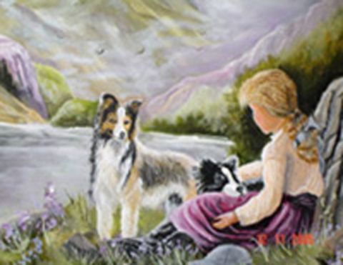 fillette et son chien - Peinture - jacques pare