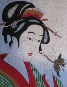 Voir le détail de cette oeuvre: estampe geisha a la chataigne 