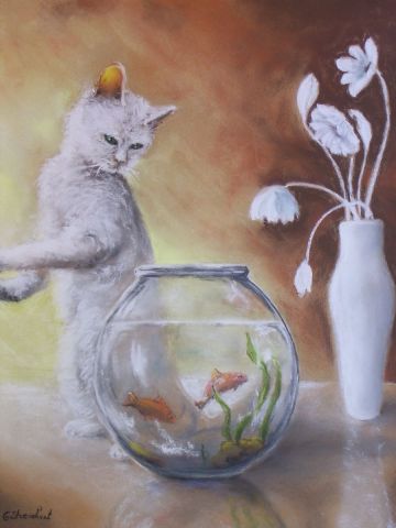 le chat et les poissons - Peinture - Geraldine STREICHERT
