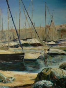 Peinture de Emilie VAN HERREWEGHE: Filets et bateaux sur le vieux port de Marseille