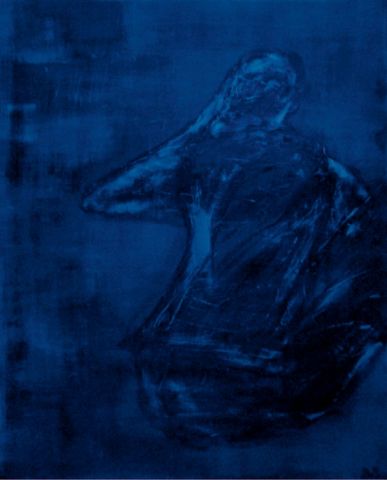 L'artiste Robert Soret - homme assis dos bleu