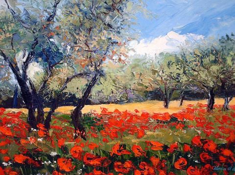 OLIVIERS ET COQUELICOTS - Peinture - Veronique LANCIEN