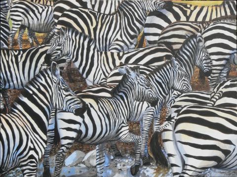 zebres croisant la riviere - Peinture - Gines