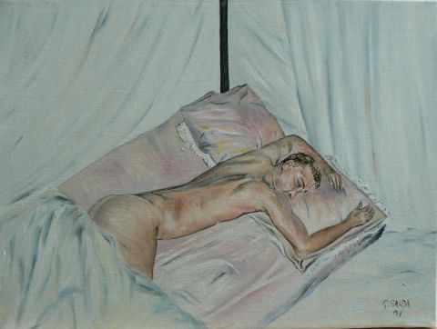 Nu homme couche - Peinture - Ghislaine Salda