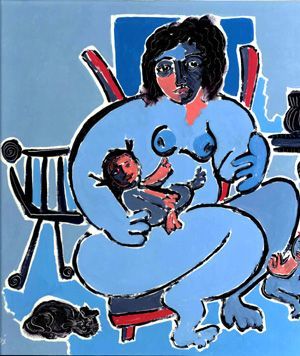 Maternite bleue au berceau - Peinture - Francis DENIS