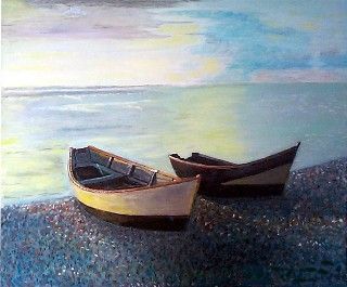 Barques sur la plage d'Etretat - Peinture - Andre