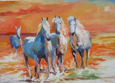 féerie de chevaux au soleil couchant - Peinture - Veronique LANCIEN