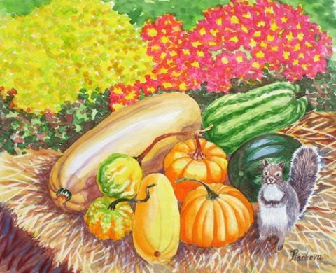 A Squirrel and Pumpkins - Peinture - Piacheva Natalia