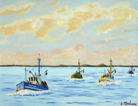 retour des sardiniers au petit matin - Peinture - lucien tanneau