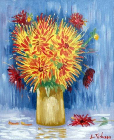L'artiste lucien tanneau - bouquet de dalhia au vase ocre