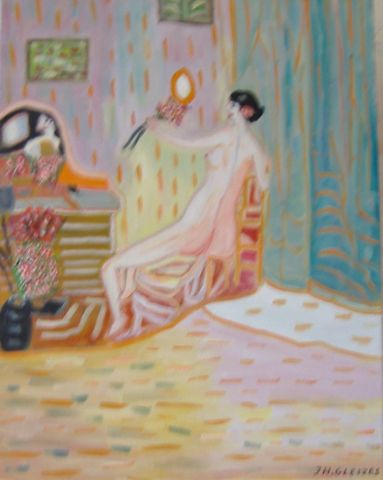 Jeune femme devant son miroir  le boudoir - Peinture - 302hubertg