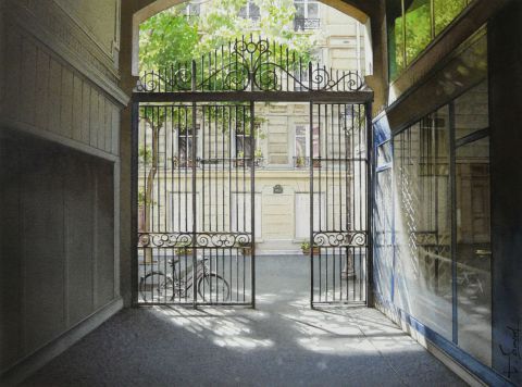 Le portail et le vélo - Peinture - Thierry Duval