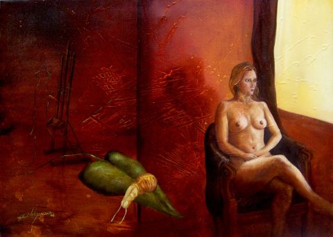 Nostalgia en la ventana - Peinture - Andres Loboguerrero