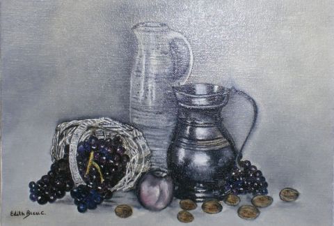 Fruits et pots en etain - Peinture - Edith Bleu