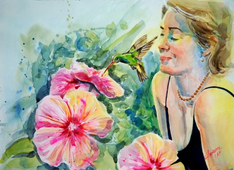 Lucie au colibri - Peinture - CLAUDE LAPIERRE
