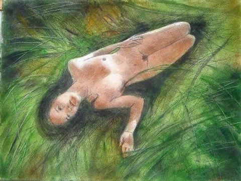 Couchee dans l'herbe - Peinture - Fran Zainal