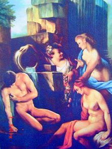 Peinture de Luigi Latini De Marchi - Maitre Venitien : NARCISSUS  AND THE NYMPHS-ECHO-HYGEIA-FLORA