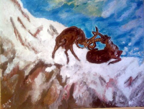 L'artiste joce - les bouquetins se dechainent sur l'immensite du pic de la montagne enneige