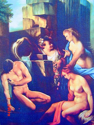 NARCISSUS  AND THE NYMPHS-ECHO-HYGEIA-FLORA - Peinture - Luigi Latini De Marchi - Maitre Venitien 