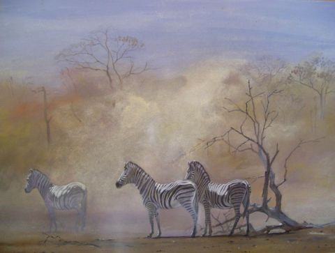 zebres dans la poussiere - Peinture - Gines
