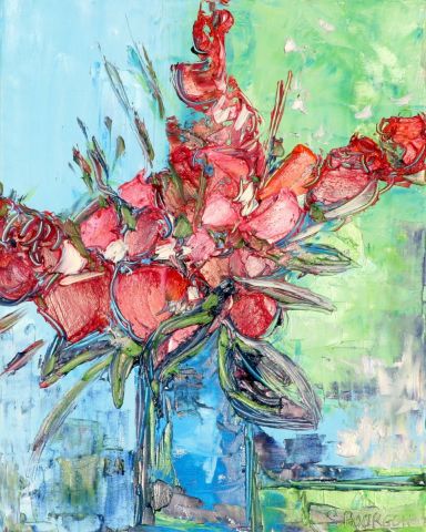 L'artiste SOPHIE BOURGON - Bouquet de Roses au Vase Bleu