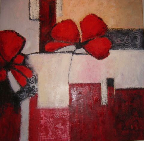 FLEURS ROUGES SUR FOND BLANC - Peinture - NICOLE BILES