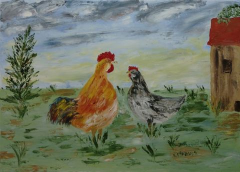 Un coq, une poule - Peinture - Le Champenois