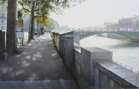 Les Bouquinistes, le Pont Notre-dame, et l'Hôtel-Dieu - Peinture - Thierry Duval
