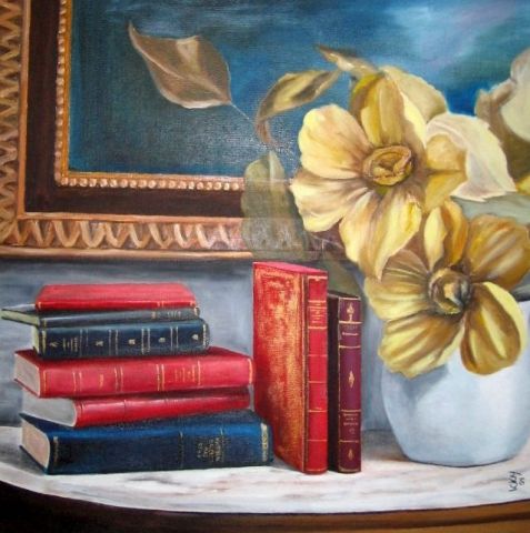 llibres sobre la taula - Peinture - Vicky Salcedo