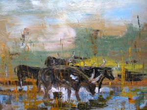 Peinture de Pierre BUCHEL: Taureaux au marais