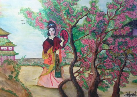 geisha dans son jardin - Peinture - dedecho