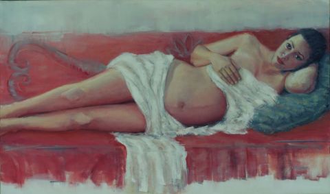 La femme enceinte au divan rouge - Peinture - Johanne Molaison
