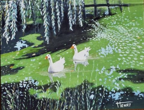 L'artiste DESNOYERS - Le lac avec les deux cygnes