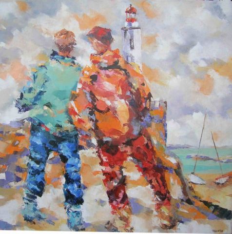 Les deux pêcheurs au phare - Peinture - olivier lecourtois