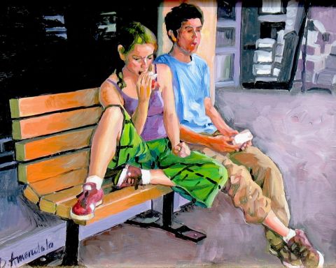 Couple sur un banc - Peinture - Dominique  Amendola 