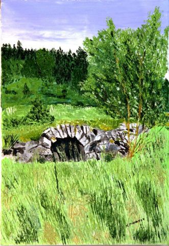 Petit pont dans une prairie vosgienne - Peinture - Le Champenois