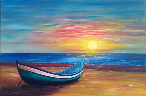barque au coucher de soleil - Peinture - Amilcar