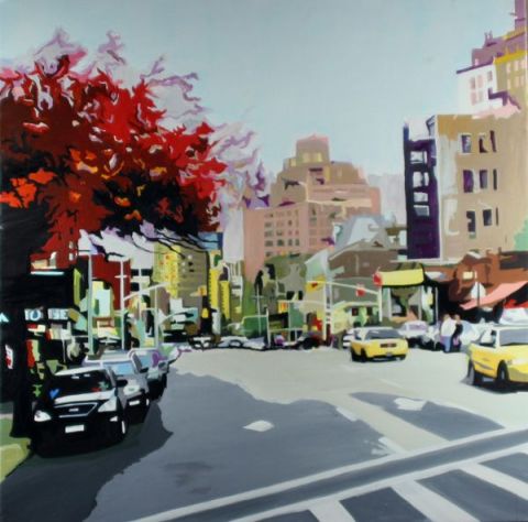 RUE DE NY ARBRE ROUGE - Peinture - CLOTILDE NADEL