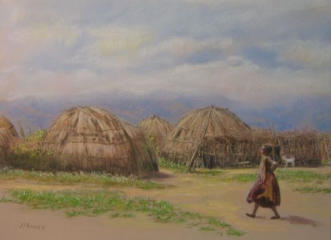 retour à la case d'Arboré en  Ethiopie - Peinture - Josette Jeannin-FRANCOIS 