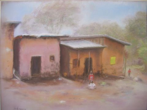 village d'Ethiopie - Peinture - Josette Jeannin-FRANCOIS 