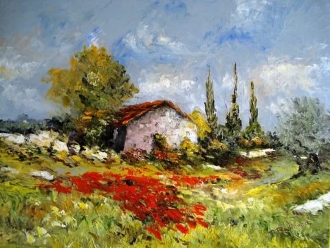 Maison dans les coquelicots - Peinture - Bernard Bertrand