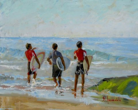 Les trois jeunes surfers - Peinture - Dominique  Amendola 