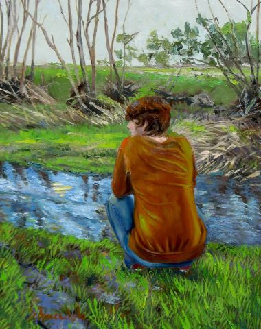 L'artiste Dominique  Amendola  - l'observation des oiseaux au bord du ruisseau