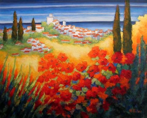 FLEURS ROUGES AUX HAUTS DE CAGNES - Peinture - NICOLE BILES