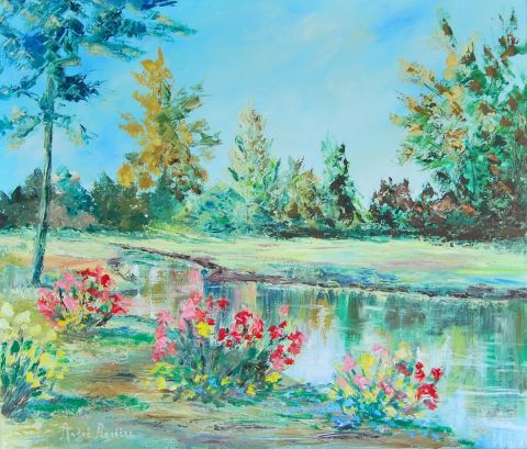 La rivière fleurie - Peinture - Andre Rosiere