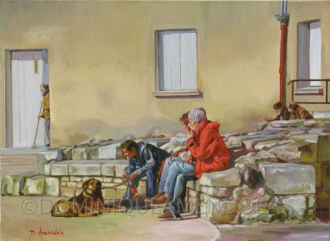 Trois types avec un chien - Peinture - Dominique  Amendola 