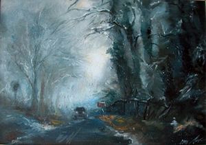 Peinture de larissaart: Deux phares dans le brouillard.