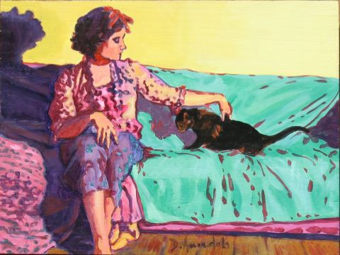 Mimi caresse le chat - Peinture - Dominique  Amendola 